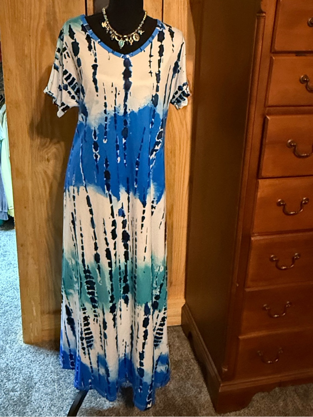 Tie-Dye Blue & White Maxi Dress - Women's Summer Casual- Size Large